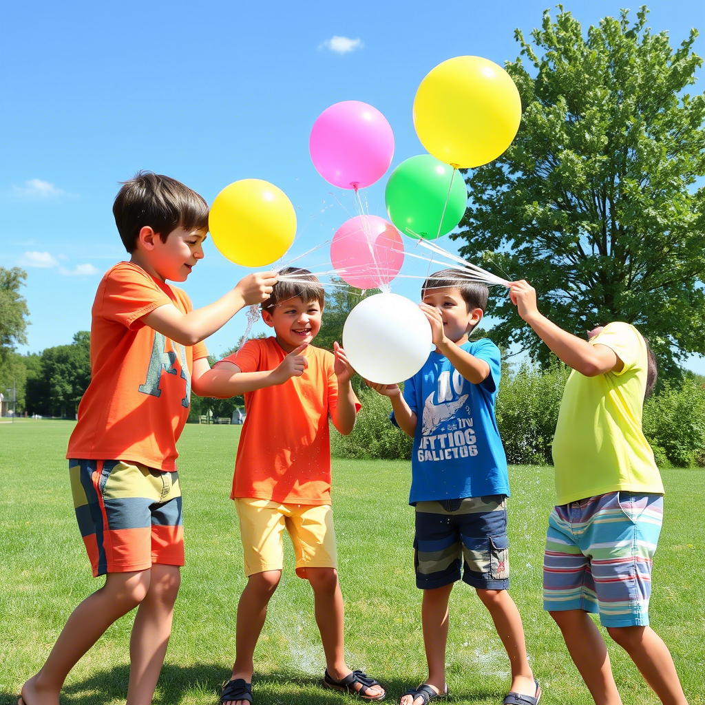 Boys having a water balloon fight wearing bright summer shorts and T-shirts