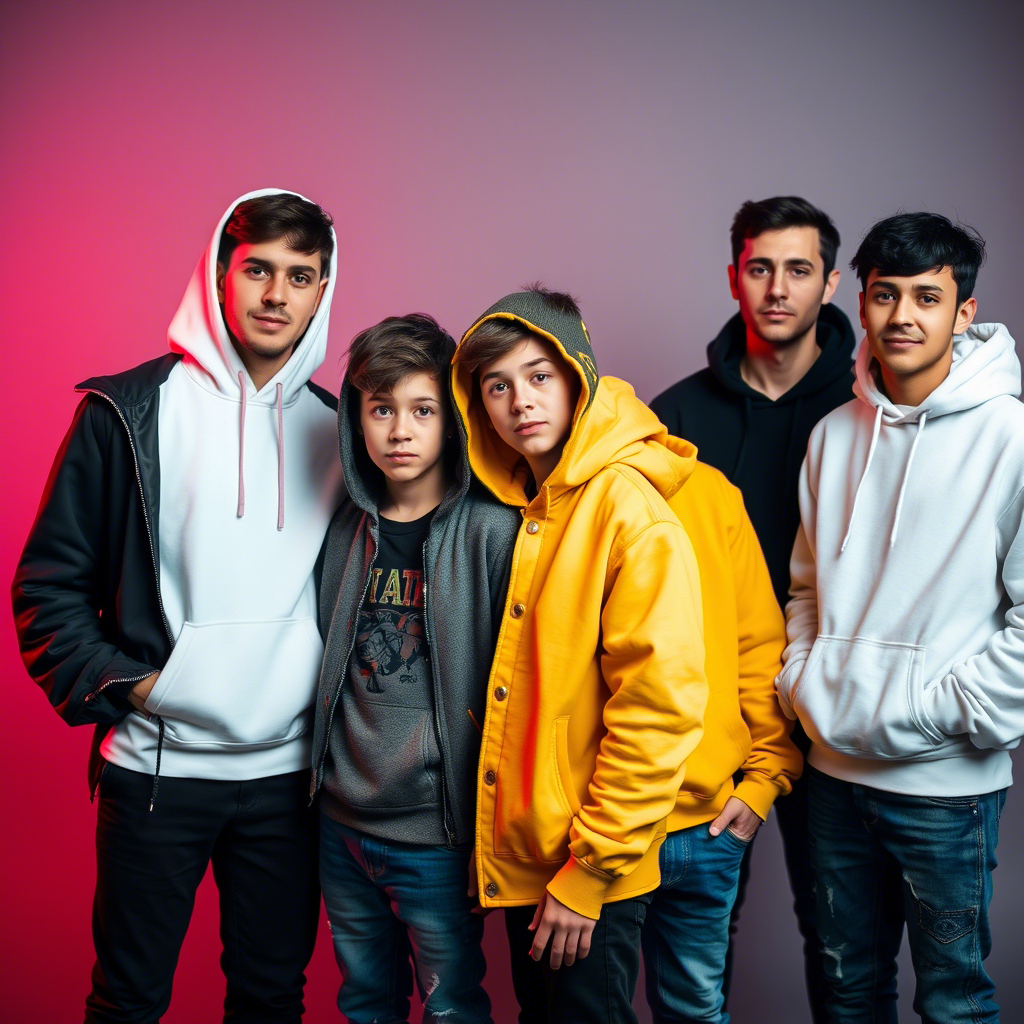 Boys in different styles of hoodies and jackets posing for a photo shoot