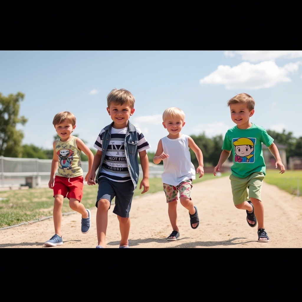 Boys in trendy shorts and pants enjoying a sunny day outdoors