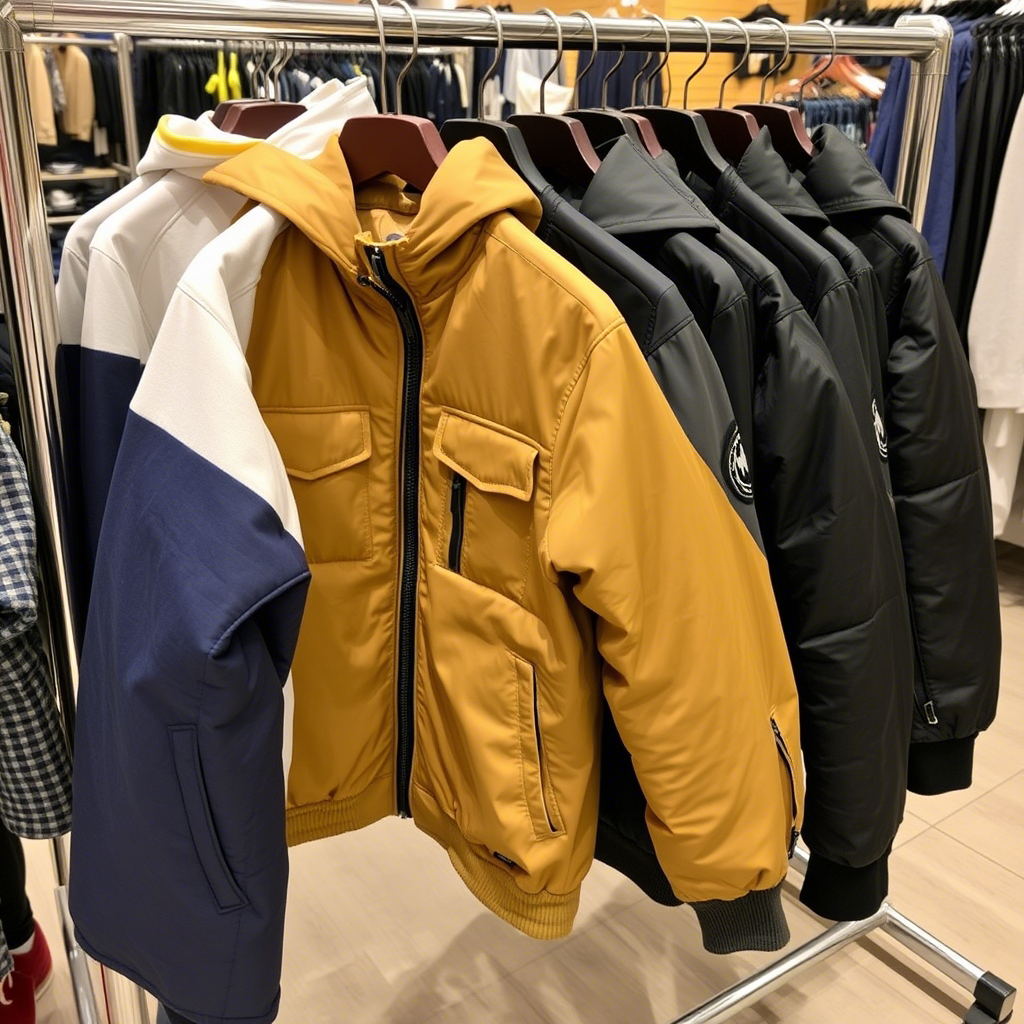 Boys jackets displayed on a wholesale clothing rack