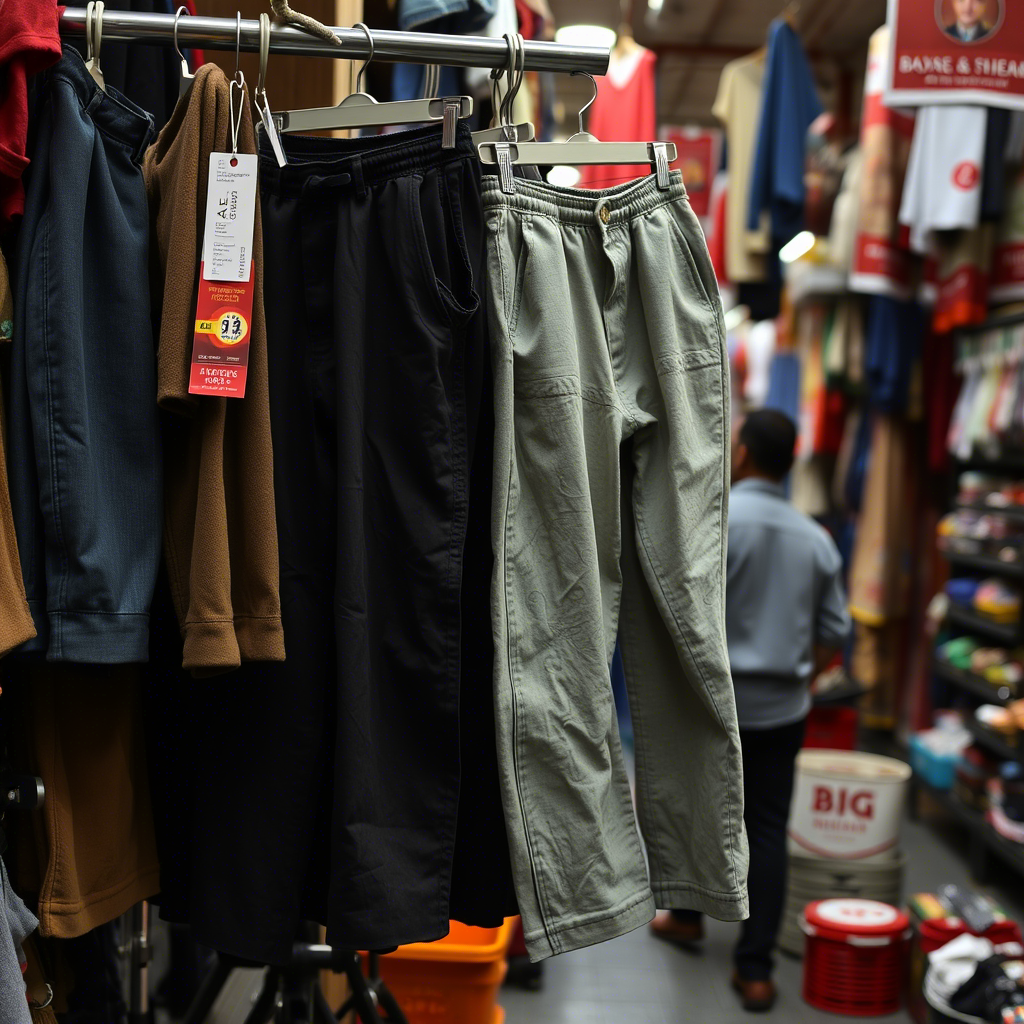Boys’ pants hanging on a rack in a bustling wholesale market