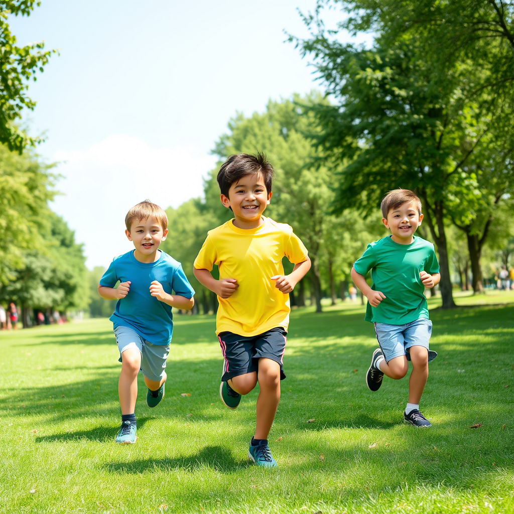 Boys wearing colorful shirts and shorts running in a summer park