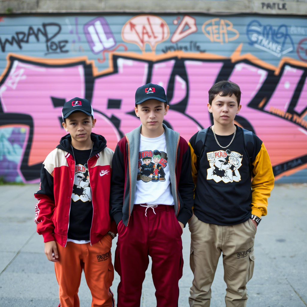 Boys wearing coordinated streetwear standing in front of city graffiti