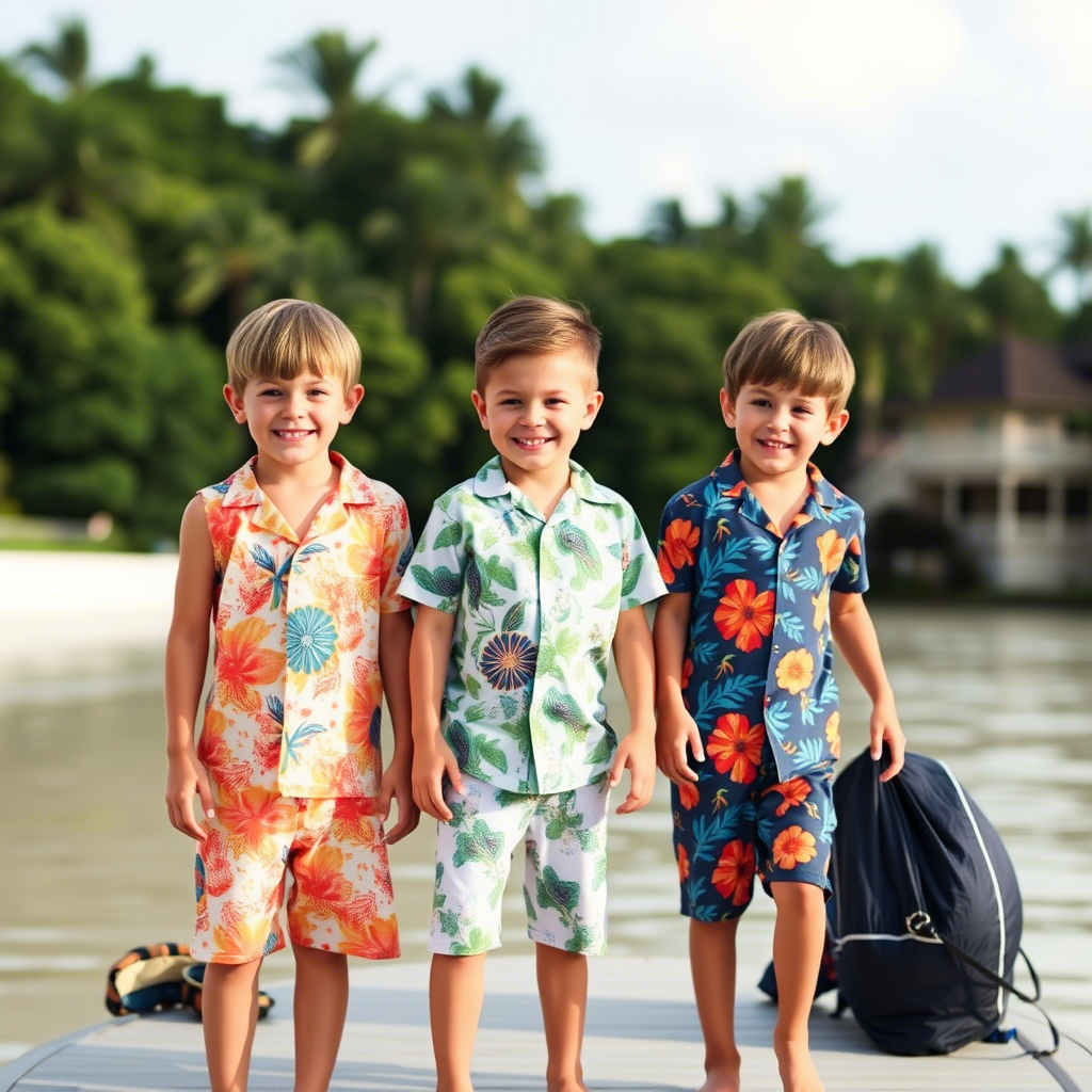 Boys wearing vibrant summer shorts pajamas for a fun outing