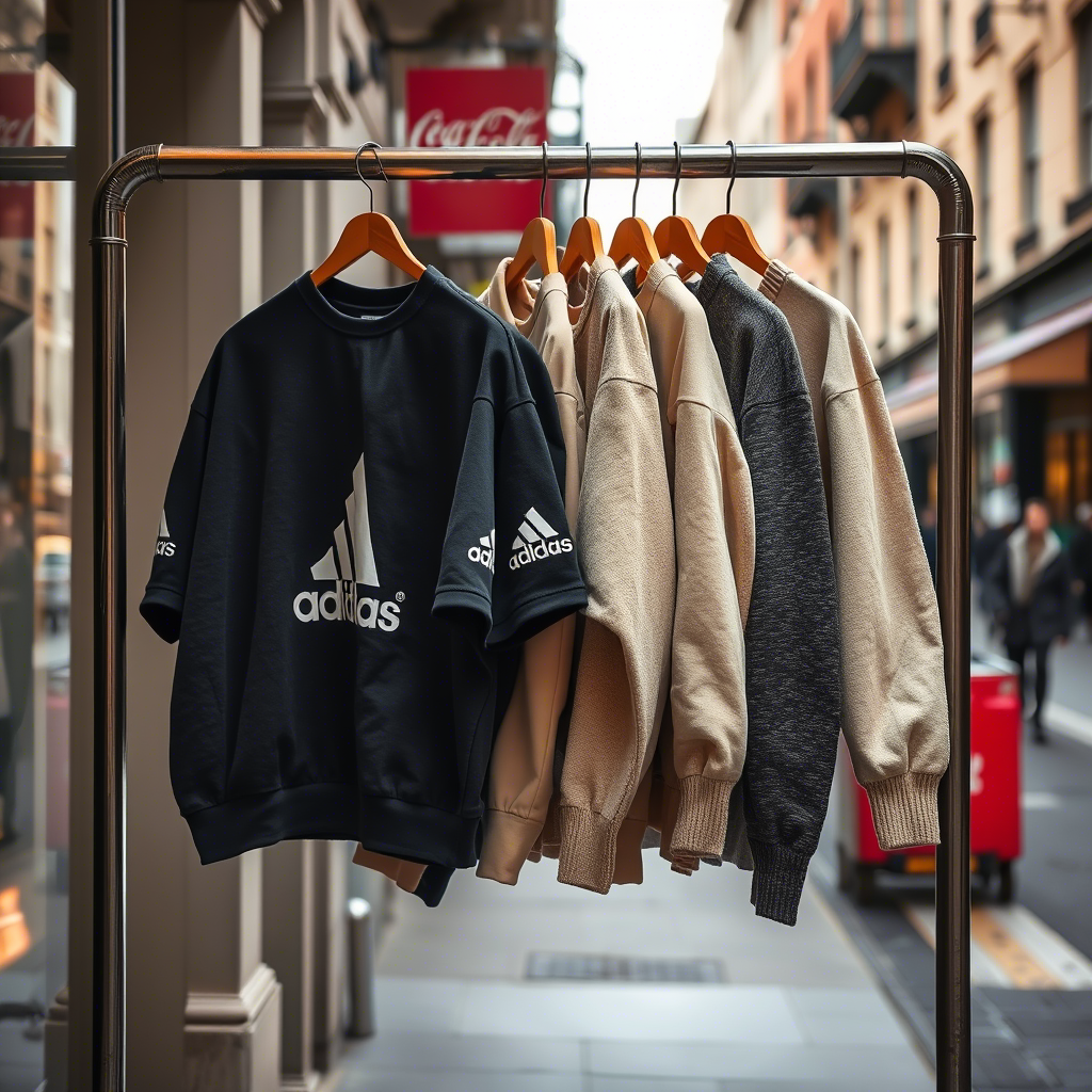 Branded apparel hanging on a rack with a city street background