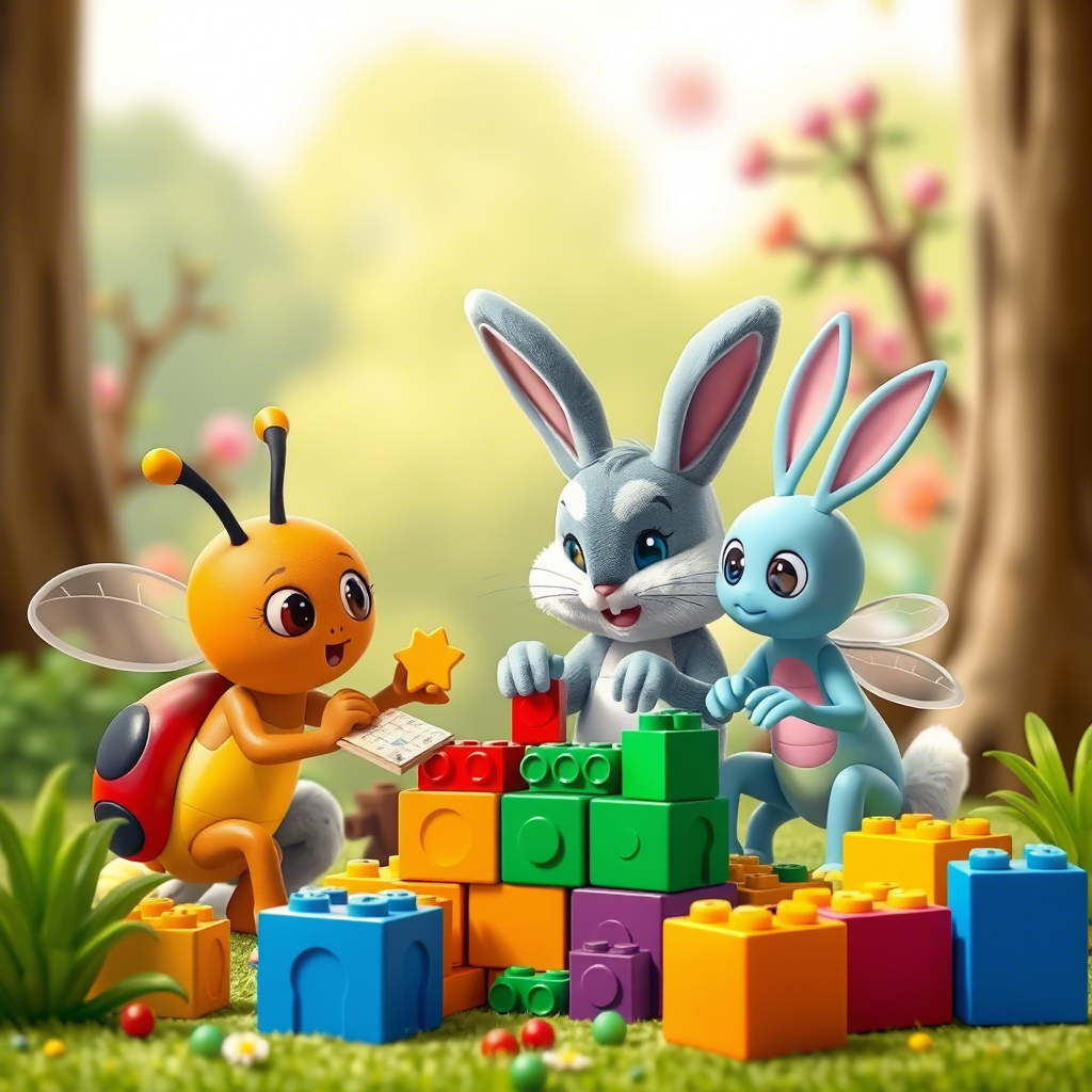 Bugs Bunny and friends playing with Lezonkids colorful blocks