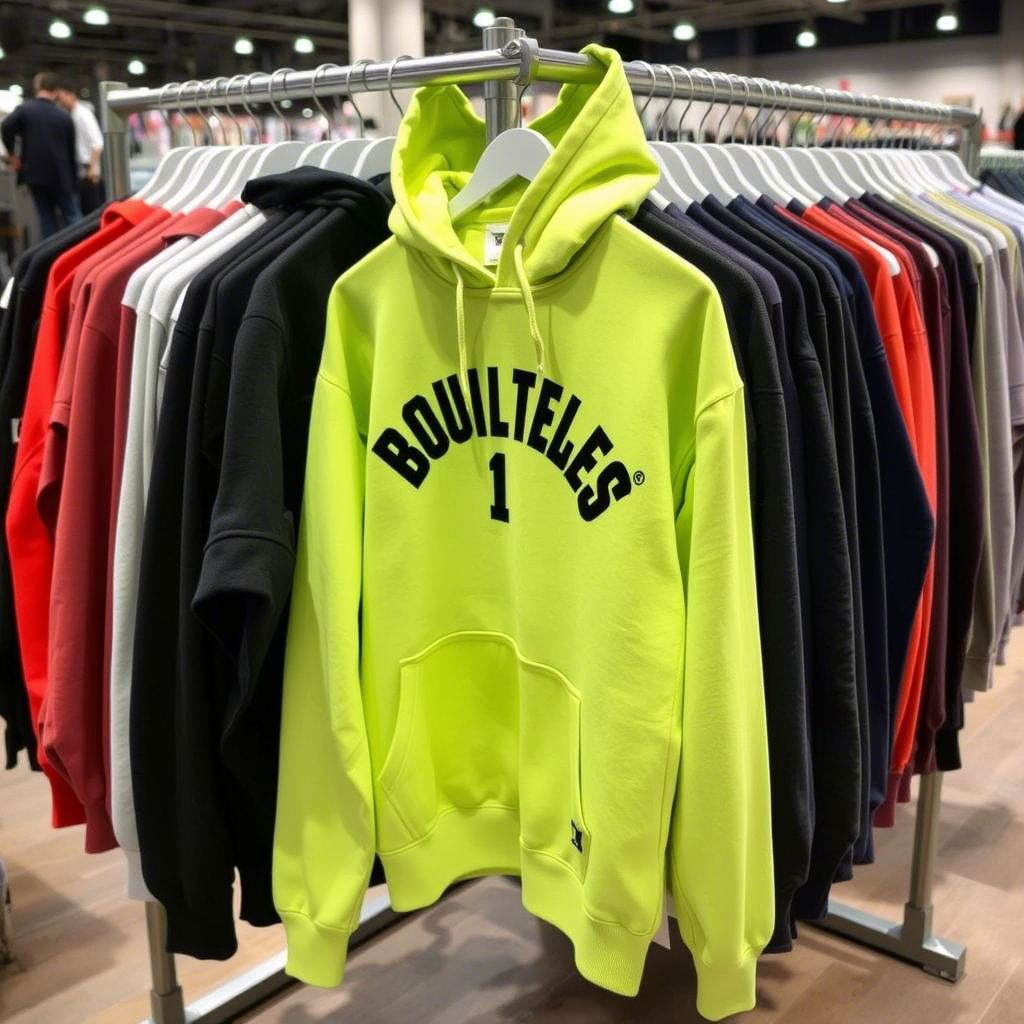 Bulk hoodies and sweatshirts displayed on a clothing rack