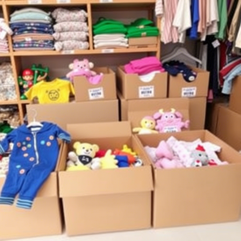 Bulk kids’ clothing supplier with boxes of toys and clothes