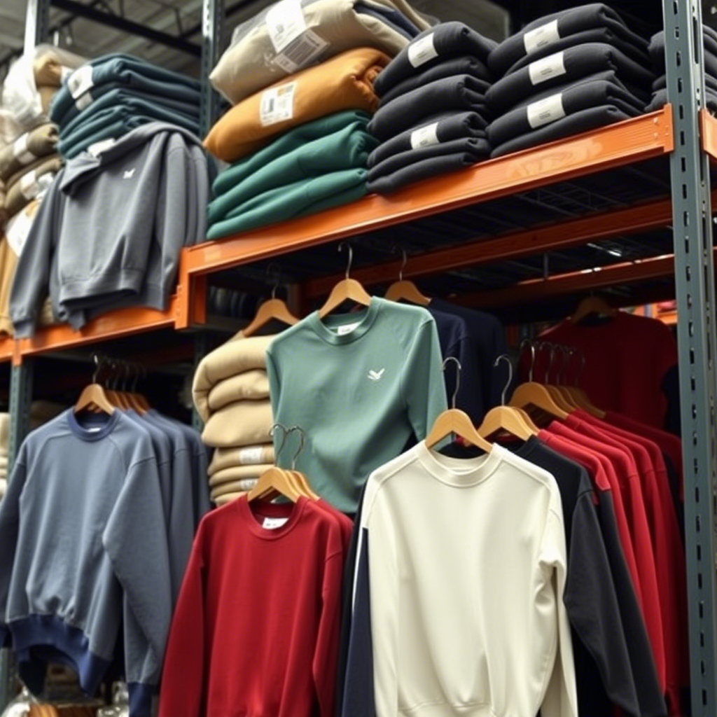 Bulk order of boys sweaters on a warehouse shelf