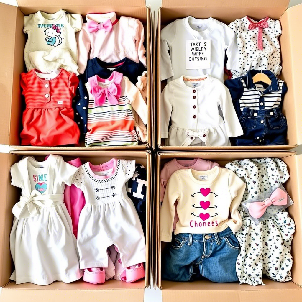 Bunches of adorable kids outfits packaged in boxes for wholesale shipping
