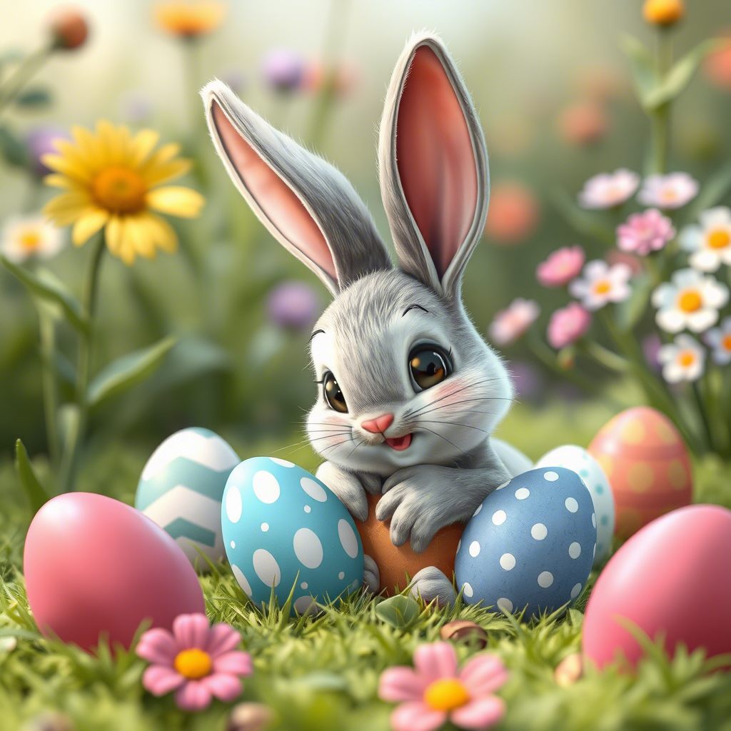 Bunny character hiding eggs in a garden background
