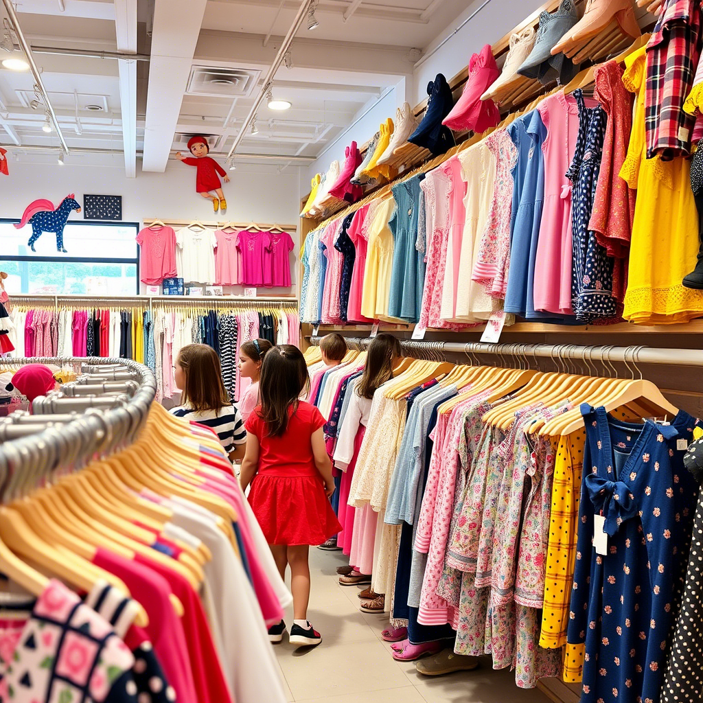 Bustling wholesale kids clothing store with racks of trendy outfits