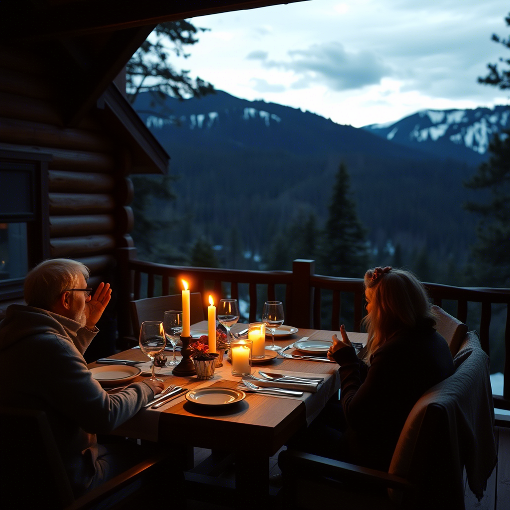 Candlelit dinner in a cozy, secluded mountain lodge