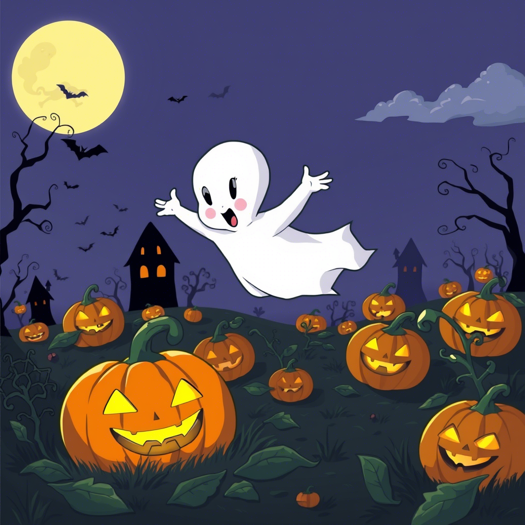 Casper the friendly ghost flying over a Halloween pumpkin patch