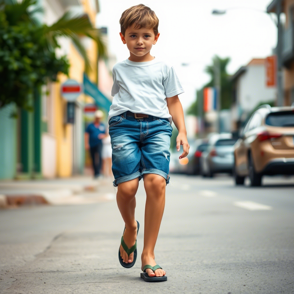 Casual boy in distressed denim shorts and flip flops walking down street