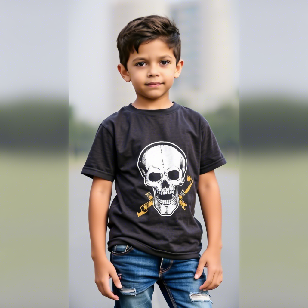 Casual boy in faded jeans and a graphic t-shirt