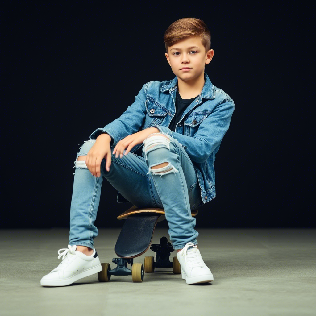 Casual boy in faded jeans and denim jacket sitting on a skateboard