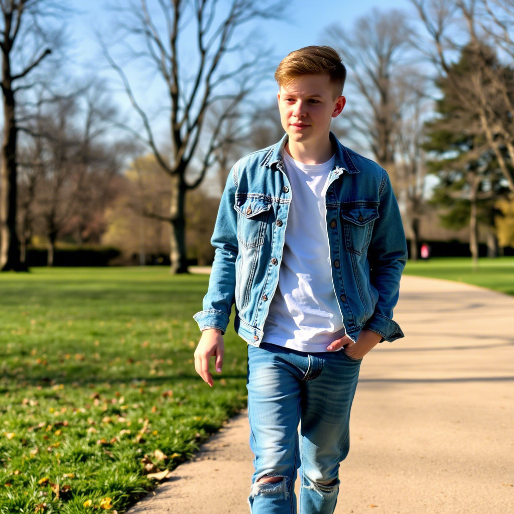 Casual boy in faded jeans and denim jacket walking in park on sunny day