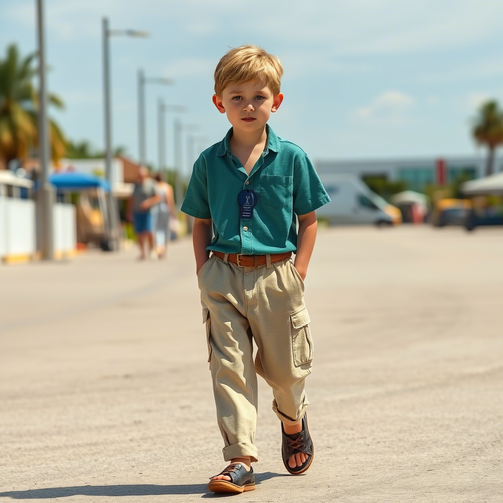 Casual boy in linen pants walking on a summer day