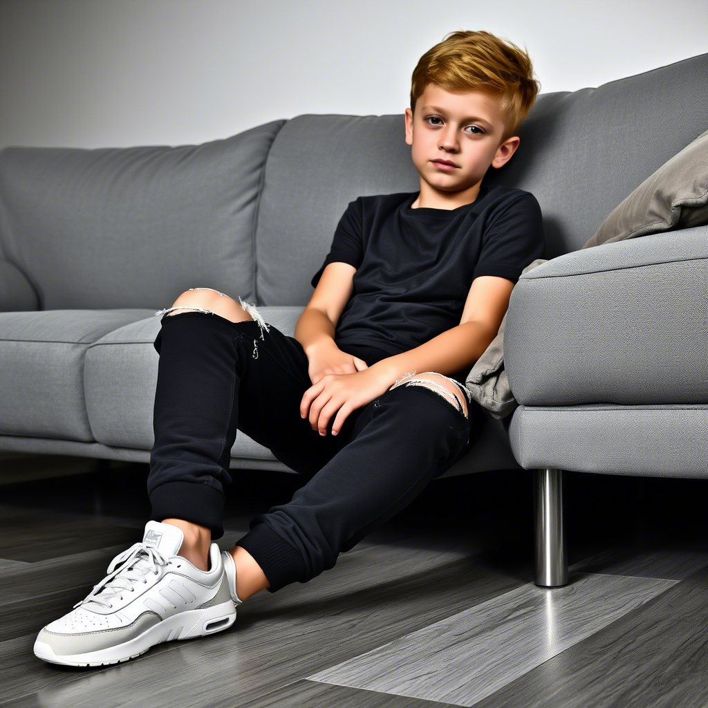Casual boy in ripped jeans and sweatpants sitting on couch with sneakers