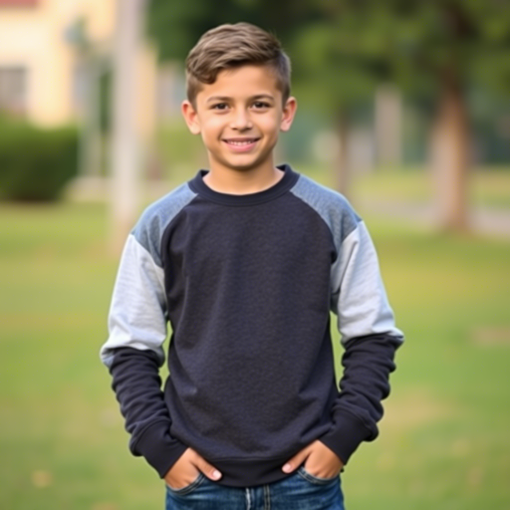 Casual boy in sweatshirt posing with hands in pockets outdoors