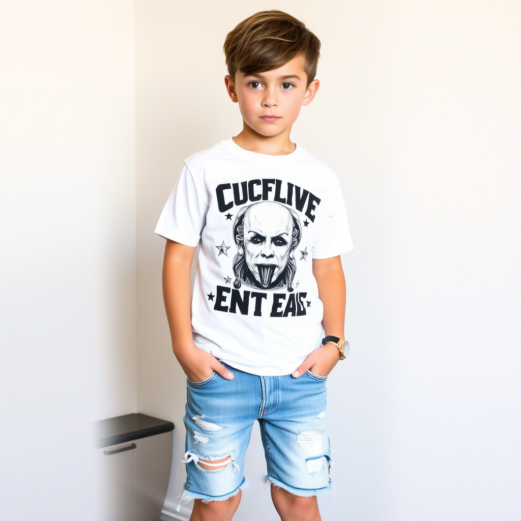 Casual boy wearing a graphic t-shirt and distressed denim shorts
