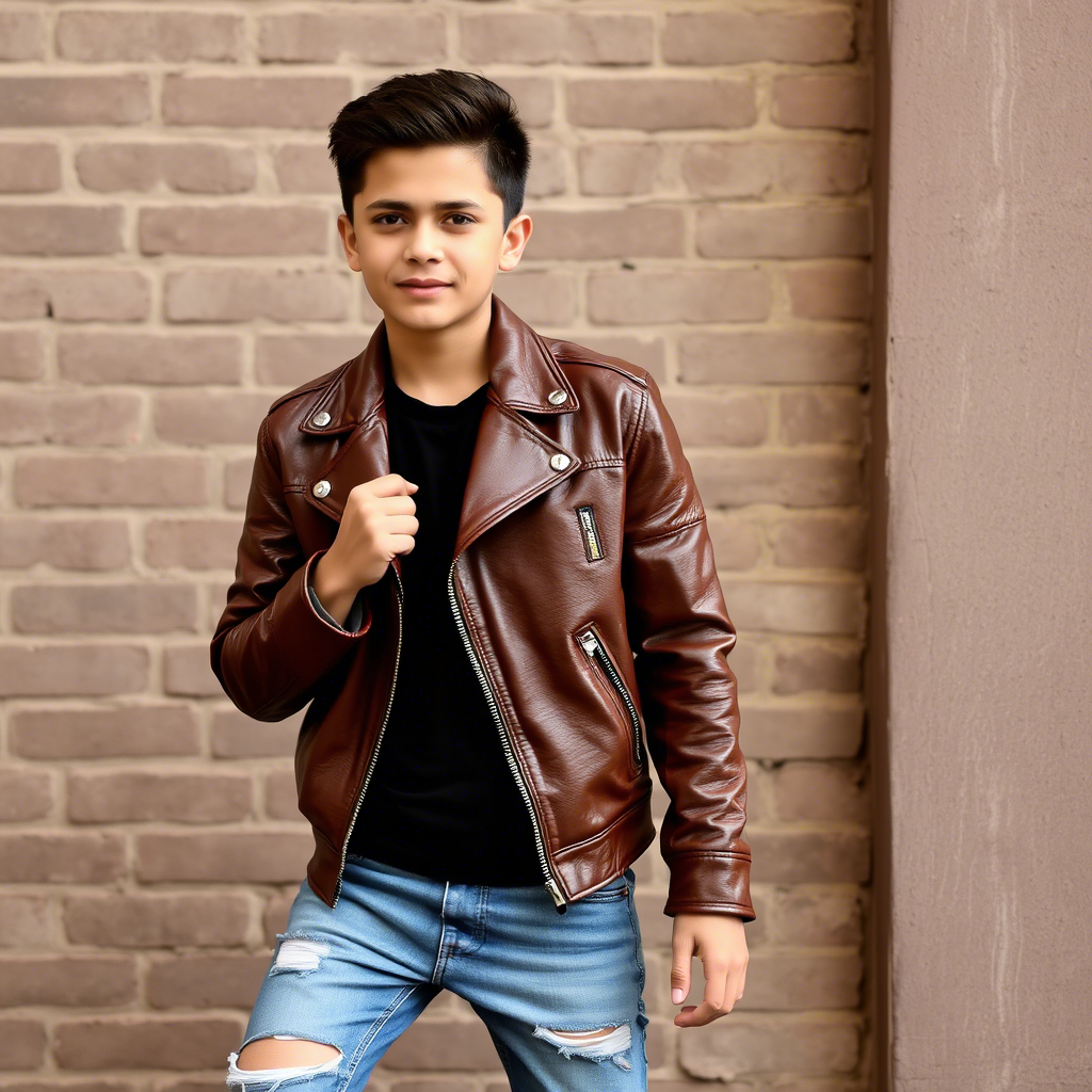 Casual boy wearing distressed jeans and leather jacket
