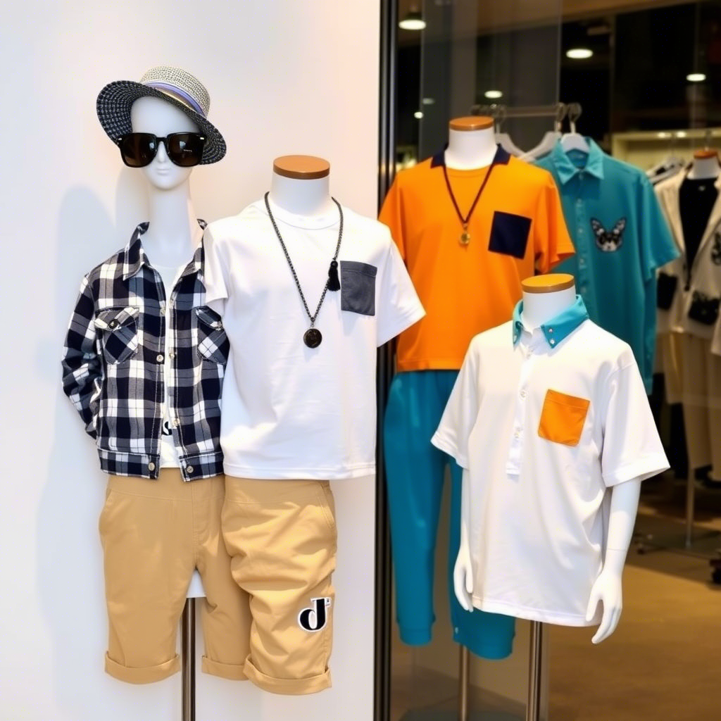 Casual boys clothing set displayed on mannequin with trendy accessories