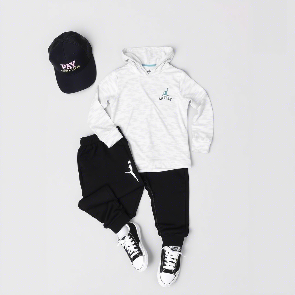 Casual boy’s clothing set with sneakers and a baseball cap