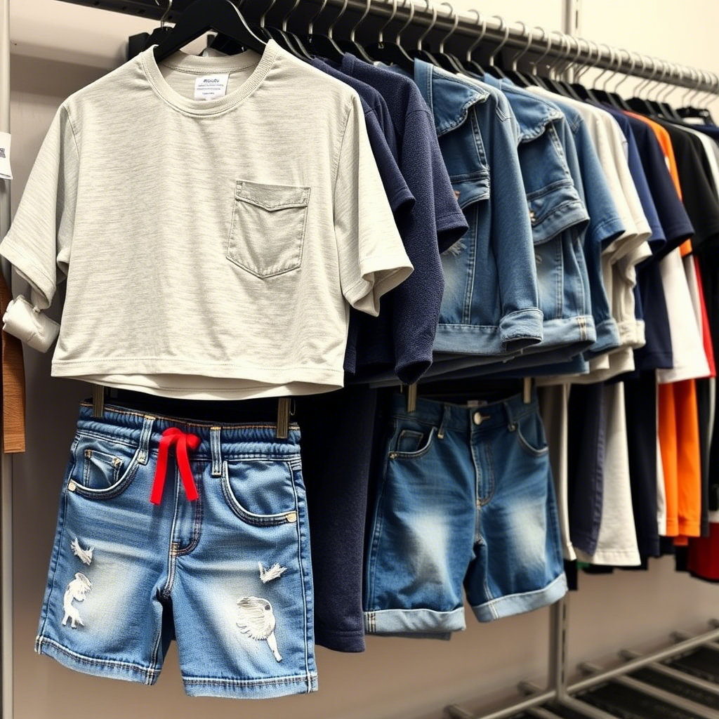 Casual boys’ clothing with jeans and shorts displayed on a clothing rack