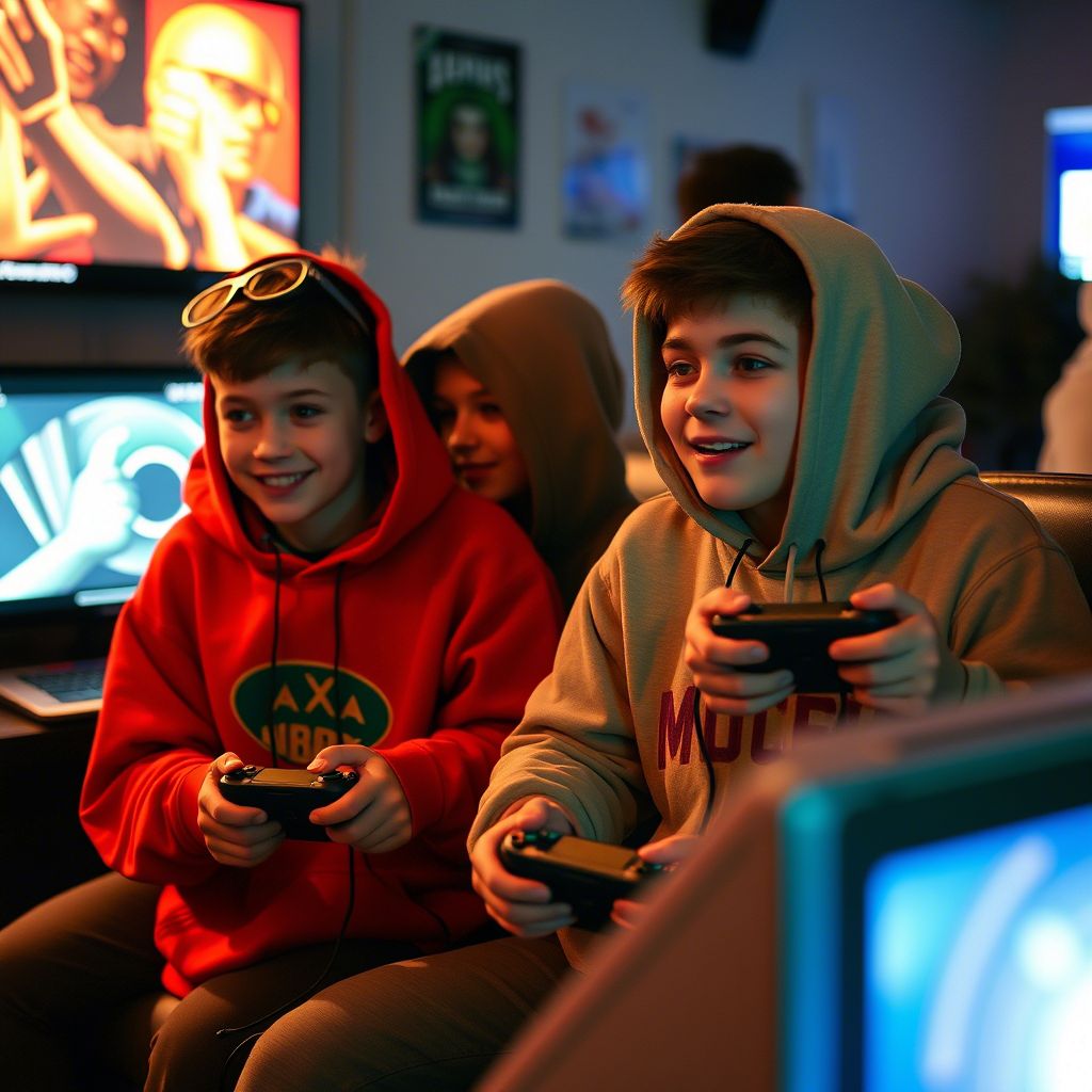 Casual boys in oversized hoodies playing video games