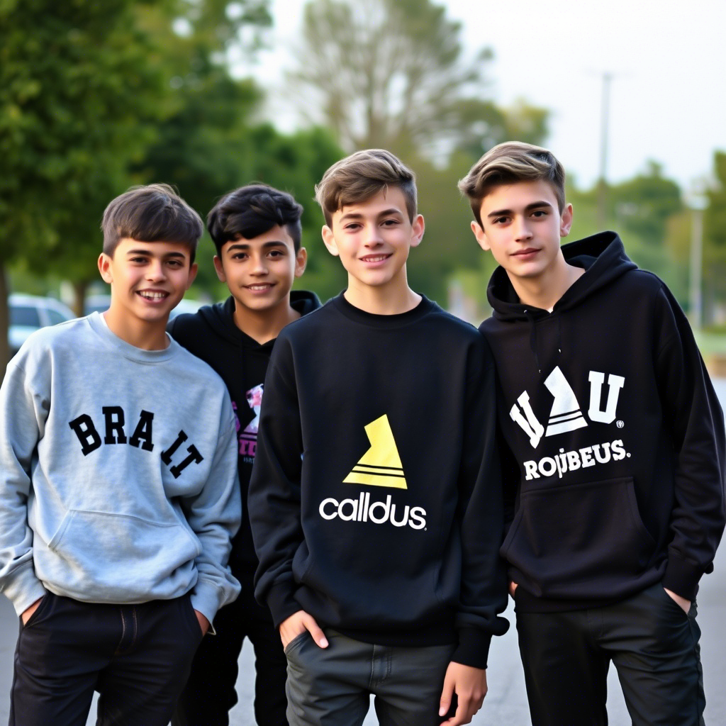 Casual boys wearing sweatshirts posing in a relaxed outdoor setting