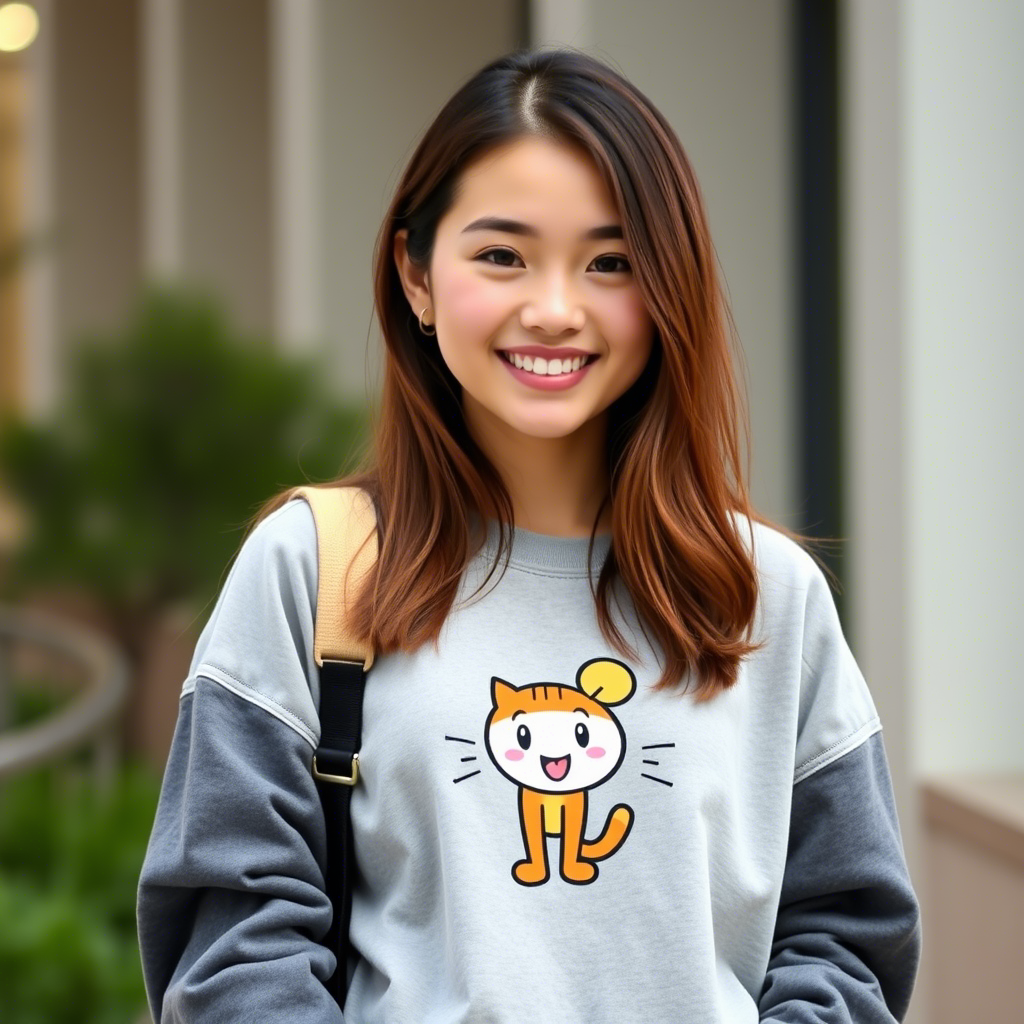 Casual college girl wearing sweatshirt with cute cartoon character