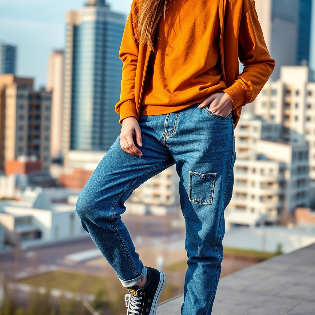 Casual denim pants modeled by teenager with cityscape background