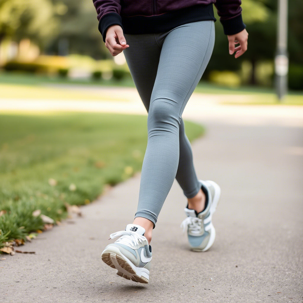 Casual girl in leggings and sneakers enjoying a walk outside