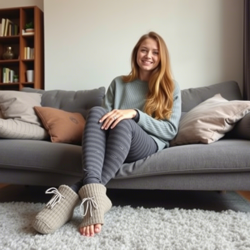 Casual girl sitting on couch wearing cozy leggings