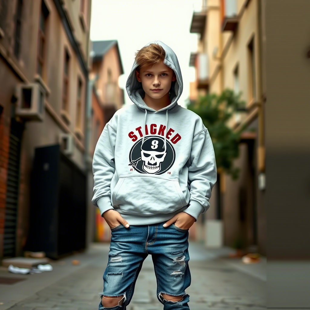 Casual kid in distressed denim jeans and graphic hoodie posing in urban alley