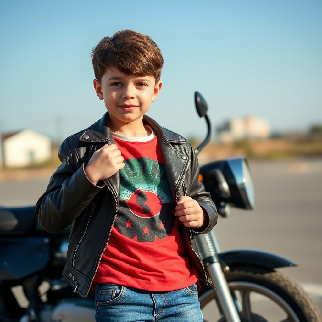 Casual kids fashion boy in jeans and leather jacket posing