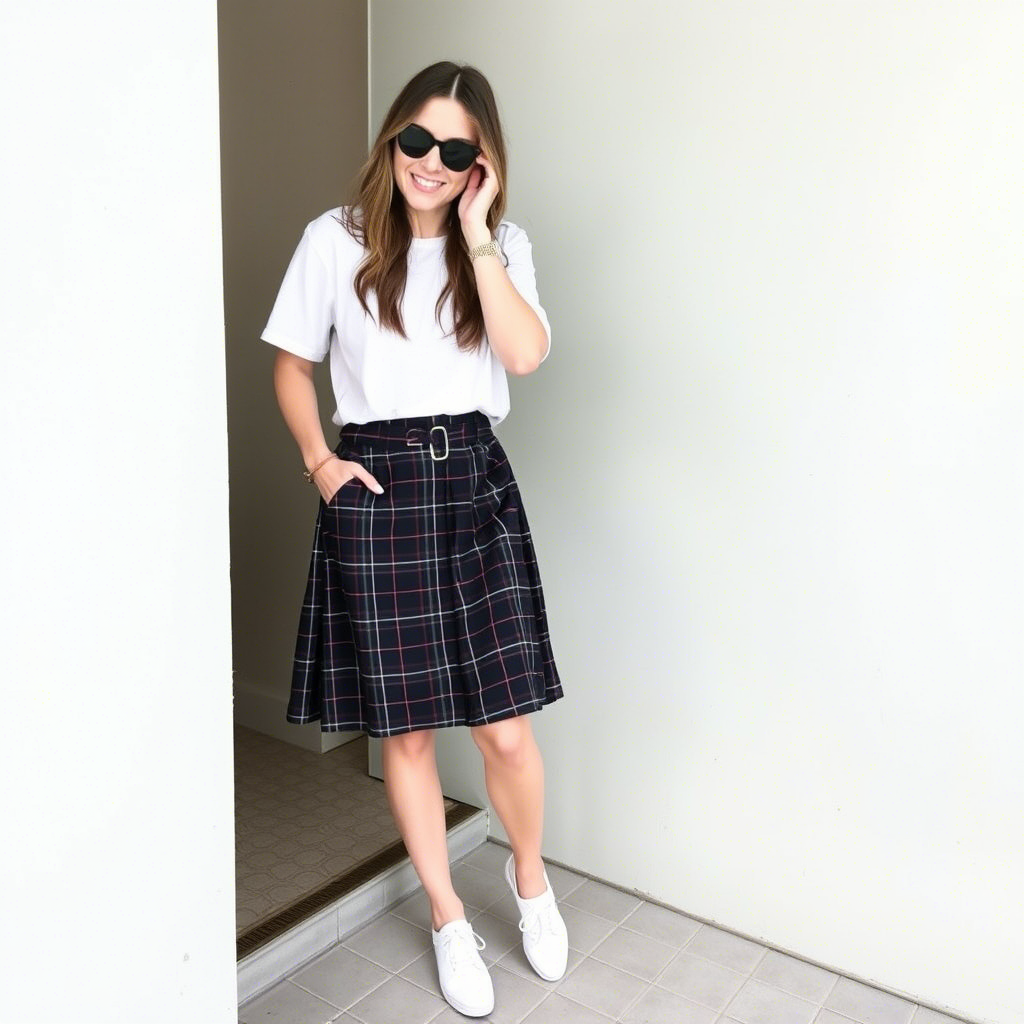 Casual plaid skirt with white top for everyday outing