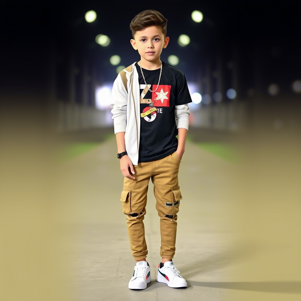 Casual streetwear boy wearing trendy outfit with sneakers