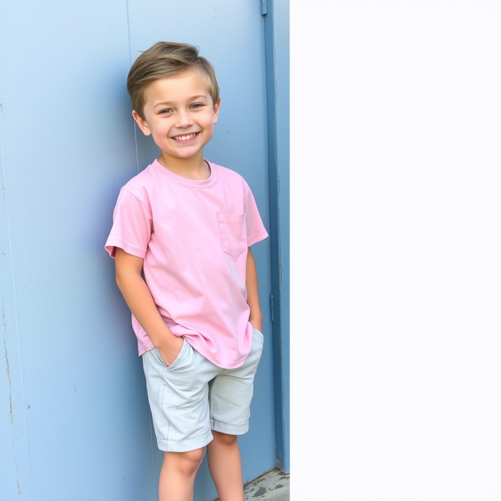 Casual summer look: boy in pastel pink T-shirt and light gray shorts, smiling happily