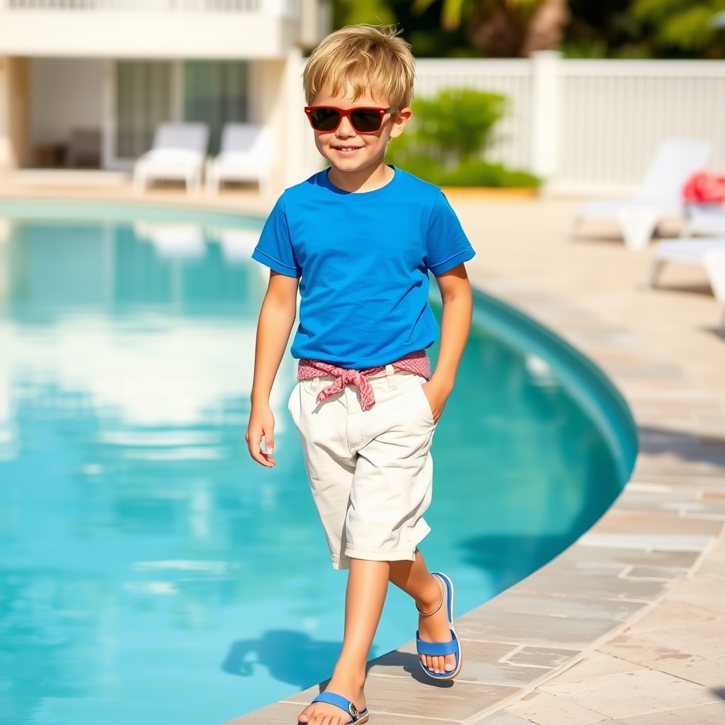Casual summer look with boy in linen shorts and a vibrant blue T-shirt strolling by the pool
