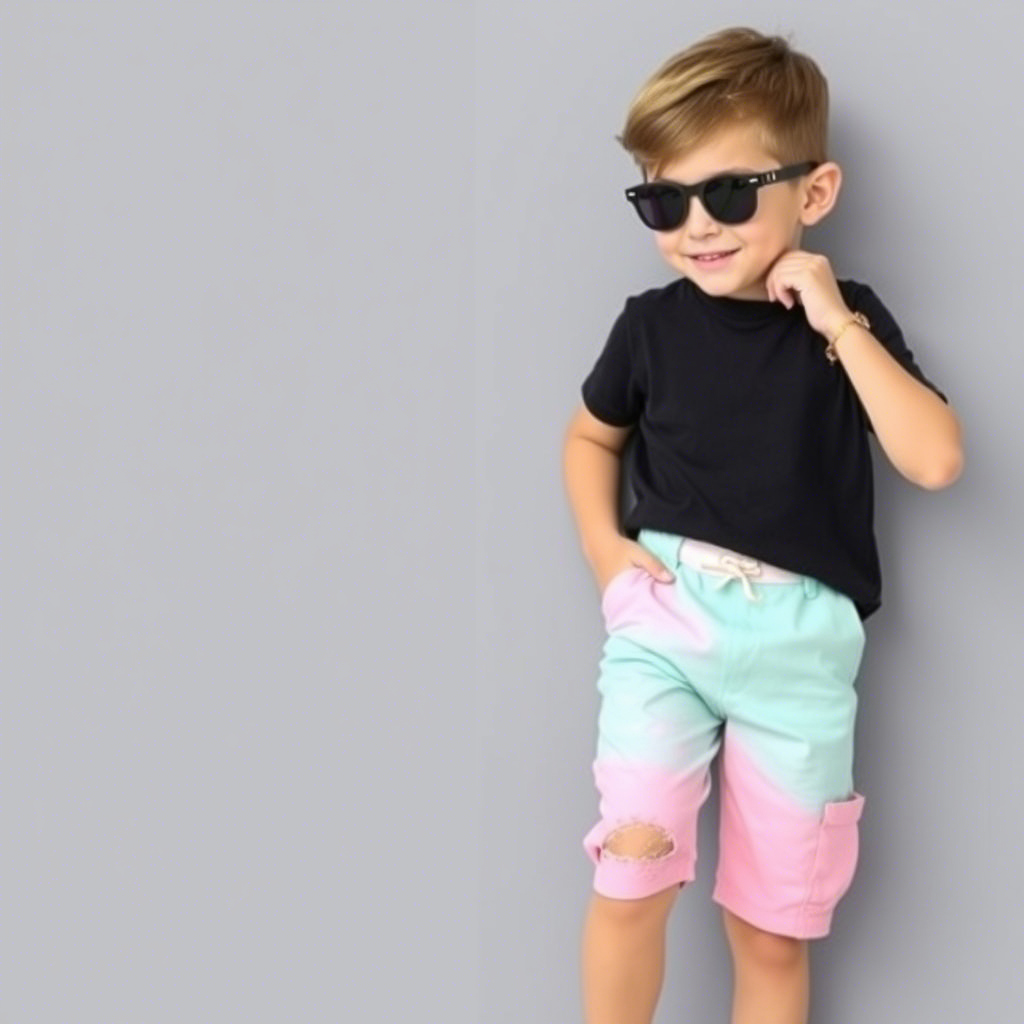 Casual summer outfit for boys, featuring pastel-colored shorts and a plain black T-shirt