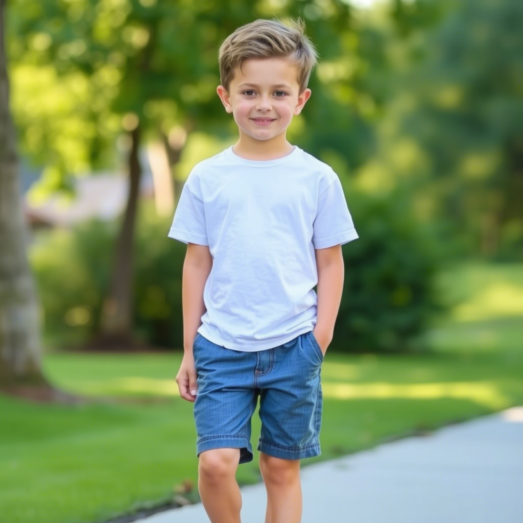 Casual summer outfit with boy in shorts and a plain white tee