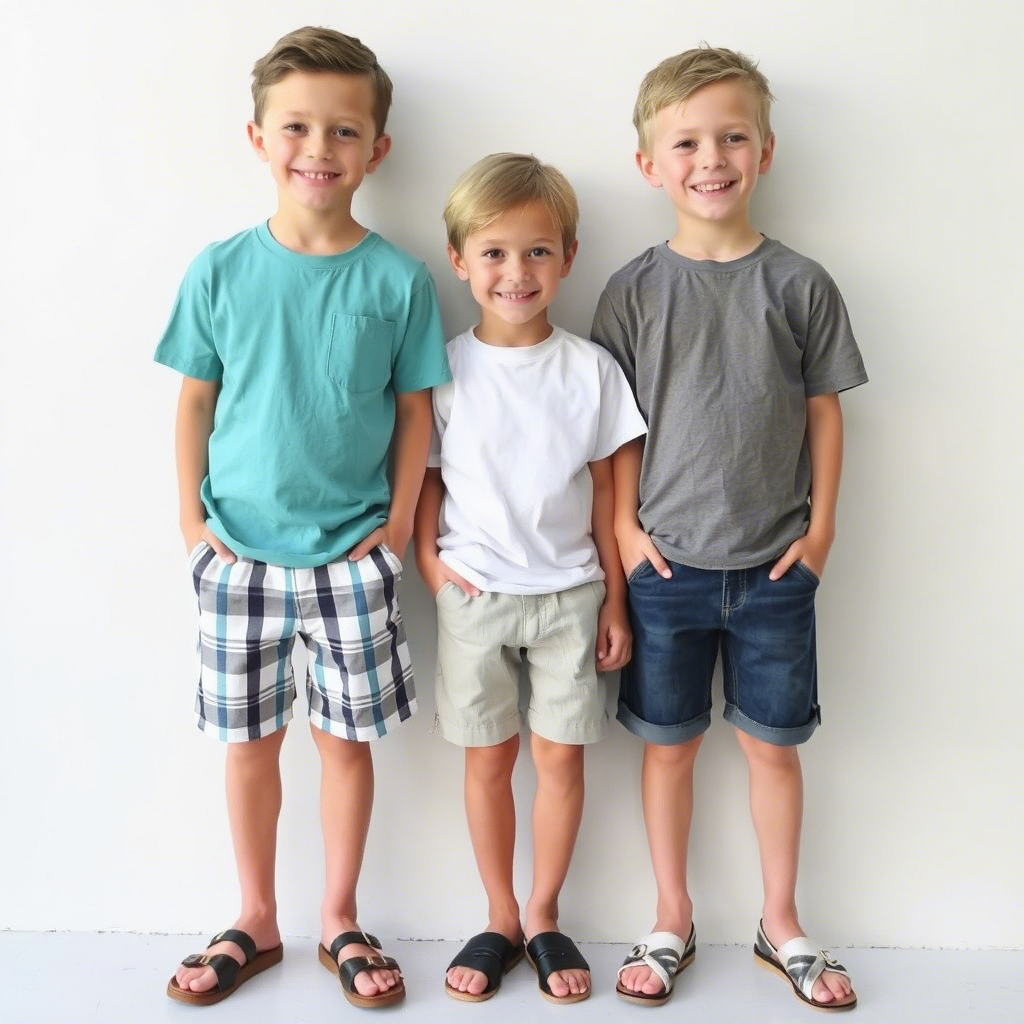 Casual summer wear for boys, featuring striped shorts and plain tees