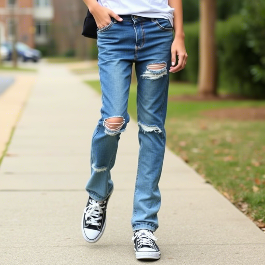 Casual teenager in distressed denim jeans and matching sweatpants walking outdoors