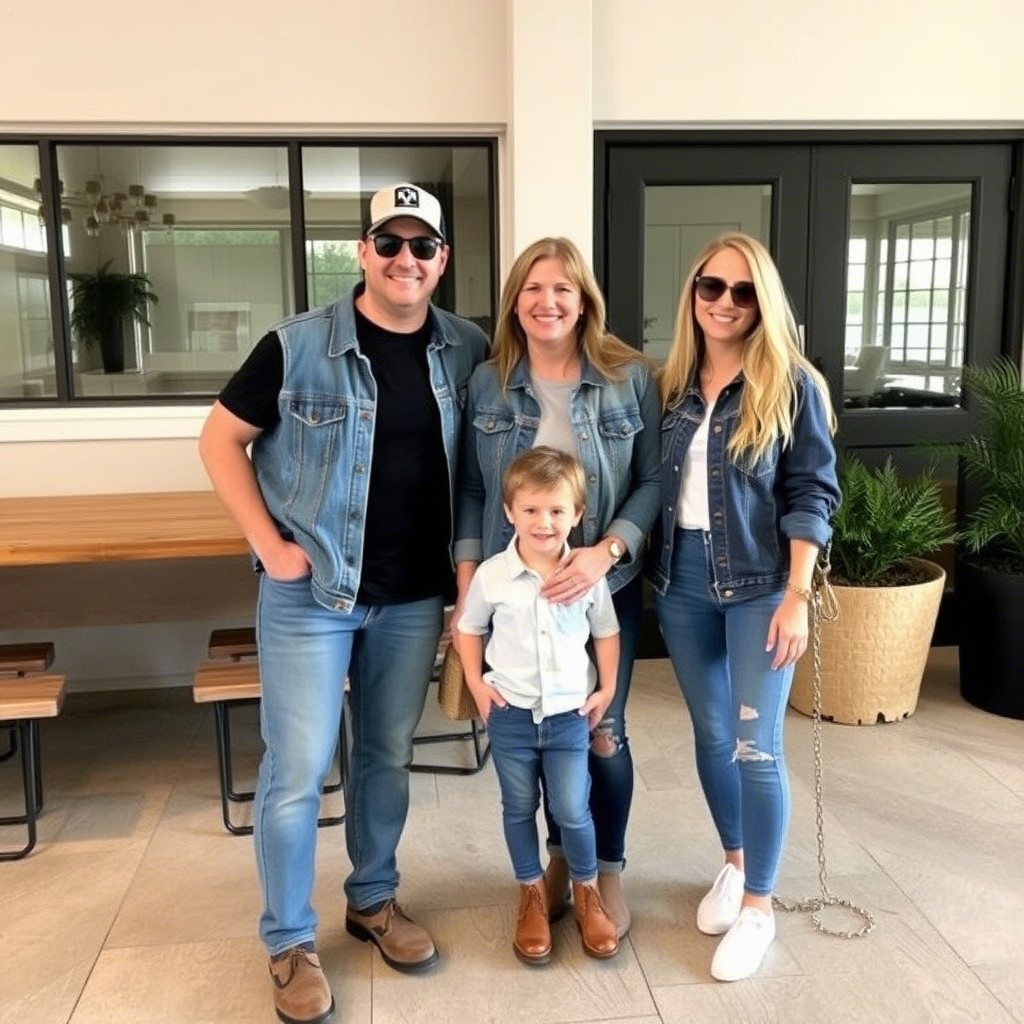 Casual weekend getaway family wearing coordinated denim outfits