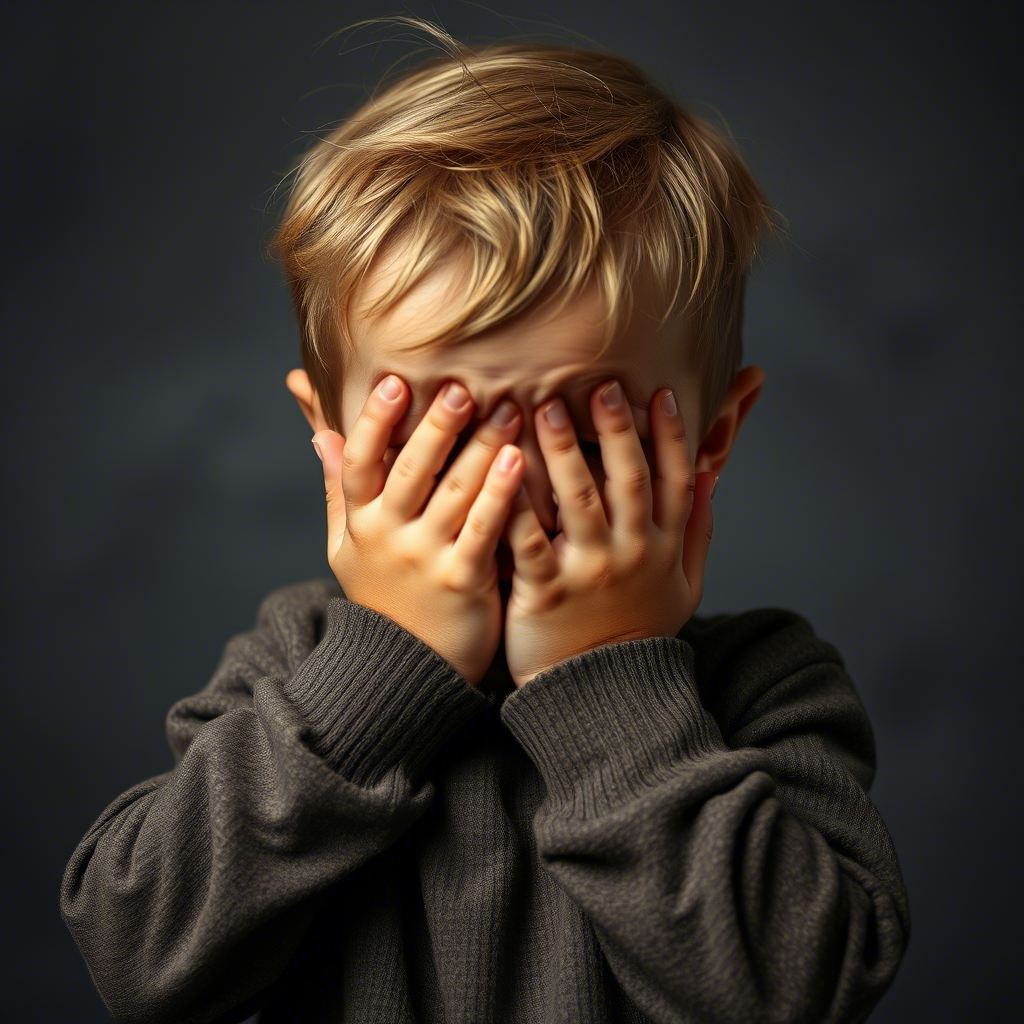 Child covering face with hands, overwhelmed and distressed