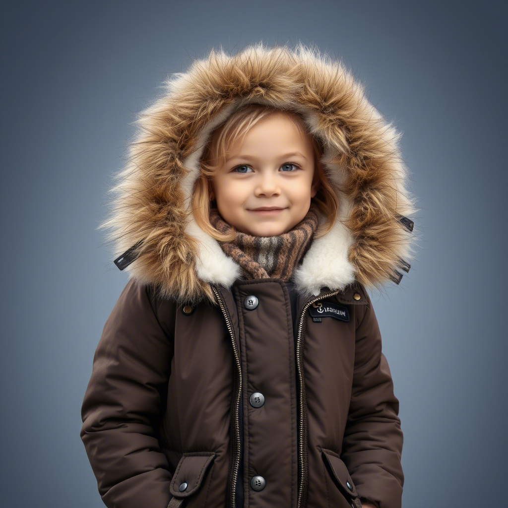 Child modeling stylish winter jacket with fur-lined hood