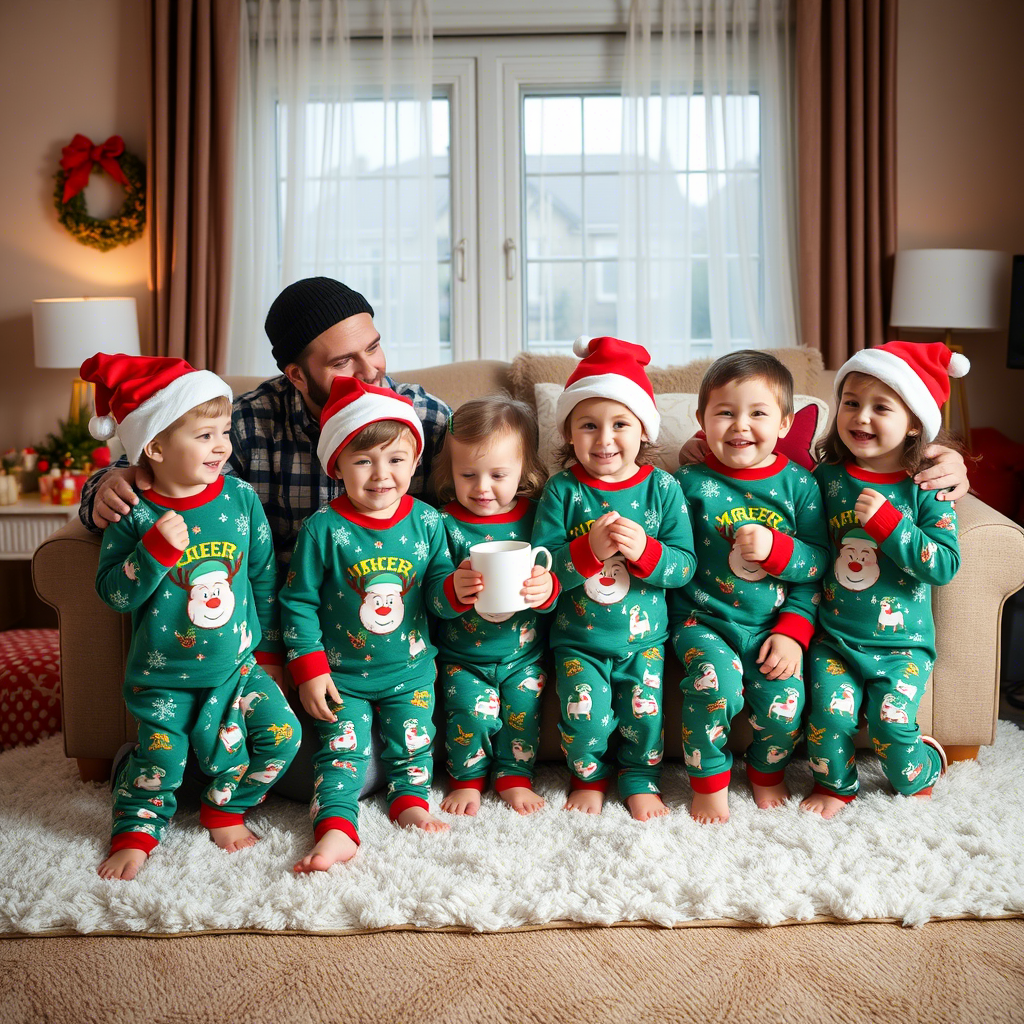 Children and parents in matching Christmas pajamas having a fun morning